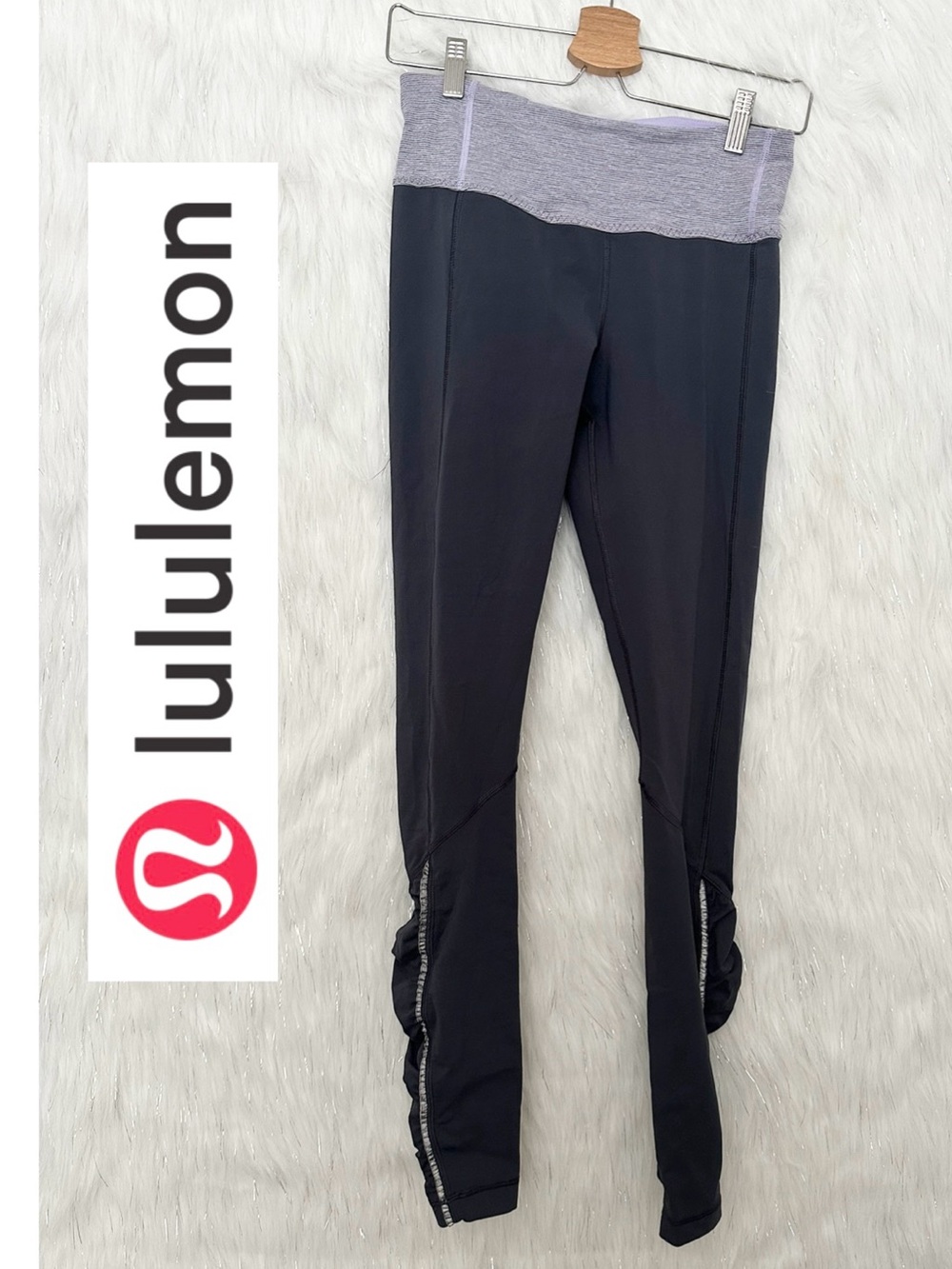 lululemon athletica Black Leggings with Gray Fold-Over Waist and Purple Zip